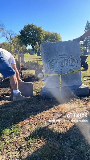 Grave of Bertha Chapman (1914) and the stone family grave. Both of theae graves were sinking into eachother and needed to be re-leveled. We had to work on both at the same time my apologies for the back and forth. #gravestone #restoration #satisfying #cemetery #gravetok #graveyard