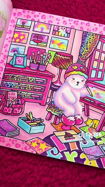 my ‘illustrator’ page in @bobbiegoods On the Job 🩷 she works for Lisa Frank, duh! 🌈💖 i tried to color her as the lisa frank polar bear & i think she is so cutie 🥹 had fun with neons on this one 😍 #fyp #bobbiegoods #coloring