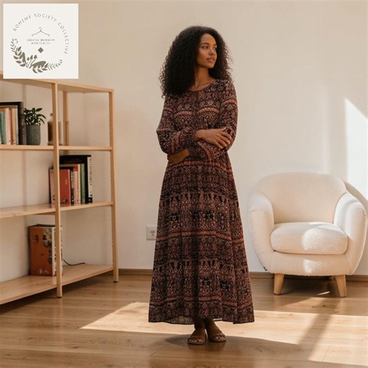 Boho Floral Maxi, Long Sleeve Cotton Dress, Vintage Ethnic Print, Loose Modest Bohemian Outfit - Etsy