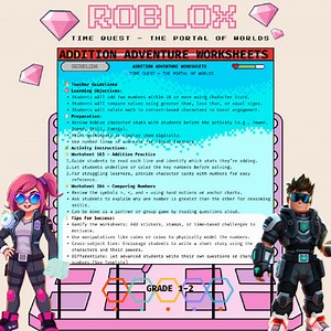 Addition Adventure Worksheets – Roblox Time Quest (Grade 1–2)