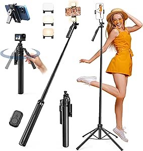 71" Tripod & Selfie Stick for iPhone, Phone Tripod Stand with Wireless Remote and LED Fill Light, Portable Selfie Stick Tripod Compatible with iPhone Android Phone, Camera, GoPro (71")