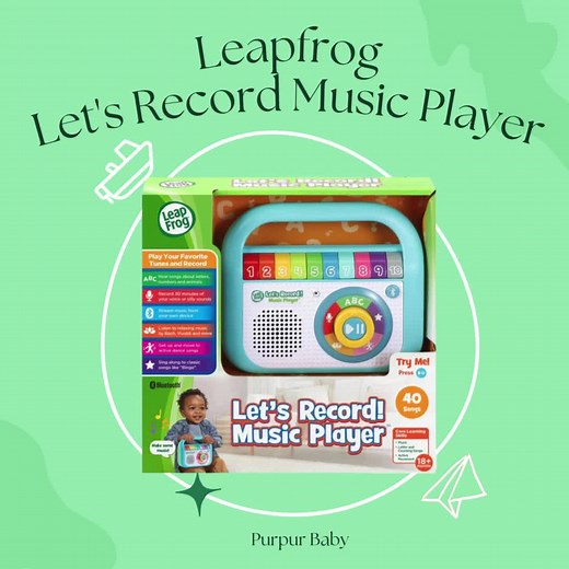 Leapfrog Let's Record Music Player Turn on the tunes and play up the learning with the Let's Record! Music Player™. Your budding singer can record up to thirty minutes of their voice or silly sounds! Ten learning songs teach kids about letters, counting, animals, the weather and more. When it's time to get up and get active, switch to 10 energetic songs like