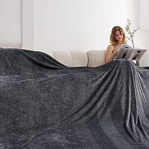 Oversized King Fleece Blanket 120x120 Inches, Seamless Soft Cozy 3D Jacquard Flannel Blanket 10'x10' Extra Large for Bed, Sofa, Couch, Travel & Camping, California King Throw, Dark Grey - Wave