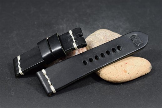 Black Saddle Leather Watch Strap, Salerno II, Handmade Band 24/22-115/75 mm (780)