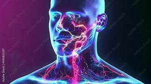 Hologram of a human head with data particles flowing, representing concepts like artificial intelligence and virtual reality