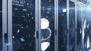 Animation of network of connection with icons over server room. global connections, business, digital interface, technology and networking concept digitally generated video.