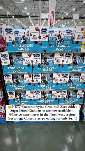 😋NEW Ocean Spray Craisins® Zero Added Sugar Dried Cranberries are now available in Costco warehouses in the Northwest region! Get a huge Costco size 40 oz bag for only $9.99! See below for a list of available cities!! #oceanspraypartner.🙌With 90% less sugar than the leading dried fruit these Craisins® taste amazing!🚫No artificial colors, flavors or preservatives✅Without added Sugar and Gluten Free😍100% of Profits Go To Our More Than 700 Cranberry Farmers.🥗Perfect on salads, in baked goods o