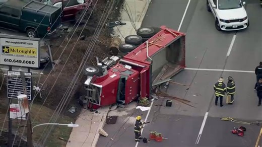 Truck overturns in multi-vehicle crash in Upper Darby Twp., Pa.