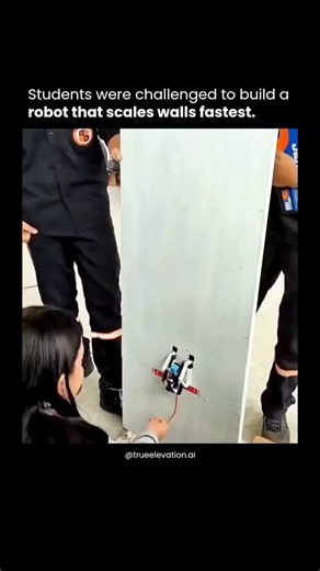 True Elevation AI on Instagram: "A recent international robotics competition challenged students to design robots capable of scaling vertical walls at record speeds, showcasing innovation in engineering and AI-based control. Teams from universities and tech institutes around the world presented machines that used different mechanisms—some relied on suction-based adhesion, others on magnetic wheels or claw-like grippers to maintain stability while climbing. Each robot was programmed with motion a