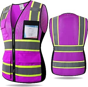 Safety Vest for Women with 8 Pockets and Zipper Women High Visibility Reflective Mesh Work Vest Meets ANSI/ISEA Standards(KZW-Purple,XL)