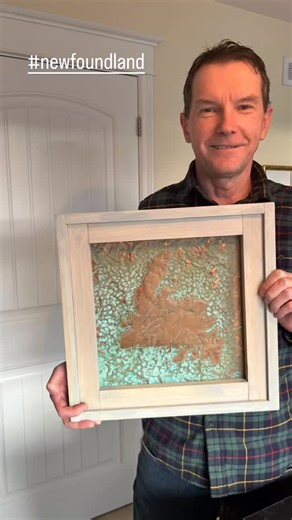 Framing Day! Newfoundland. This only one left in stock and available at next weekend’s North Pole Milestone Promotions & Events Nov 28-30 at Jack Byrne Arena. This embossed copper piece has aged turquoise patina, with a custom frame. #copper #newfoundland #twillingate #metalartist | Spillers Rock Studio