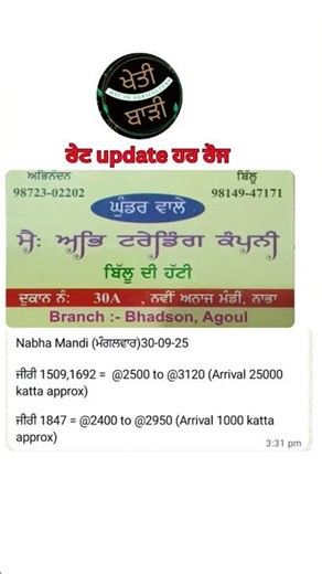 ਬਾਸਮਤੀ ਰੇਟ ਅੱਜ update