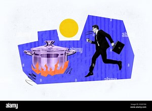 Creative collage young businessman boss employee takeaway coffee lunch break cooking burning boil pan dinner culinary drawing background Stock Photo - Alamy