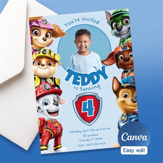Paw Patrol Birthday Invitation With Photo – Editable Canva Template, Kids Party Invite - Etsy