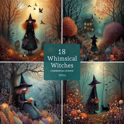 Whimsical Witch Clipart: Halloween Girl Watercolour (18 Jpgs, Digital Download, Commercial Use) - Etsy