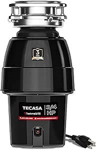 3/4 HP Garbage Disposal, TECASA Food Garbage Disposal with Power Cord, Stainless Steel Grinding System and 3-Bolt Mounting, Continuous Feed Garbage Disposals, Quiet, Taskmaid Series 75