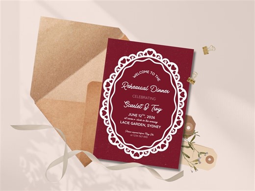 Red Rehearsal Dinner Invitation Canva Template Trendy Wedding Invites Burgundy Editable The Night Before Cards 5x7 Wedding Suite Vintage