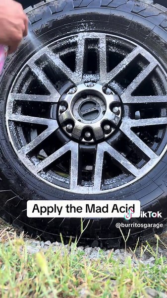 For heavily contaminated wheels, mist with water and spray entire rim down with acid, use your choice of detail brushes to agitate contaminants and acid before thoroughly washing off with a pressure washer. Repeat as needed and always wash product off with soap and water. Dry with a microfiber towel and use a sealant of your choice to lock in shine and prevent water spots. #fyp #truck #wheels #truckwheels #fyp