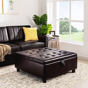 Charlotte 35 Inch Large Square Storage Ottoman Bench, Tufted Upholstered Lift Top Coffee Table Ottoman with Storage, Oversized Storage Ottomans, Toy Box, Air Leather Footrest for Living Room –Espresso