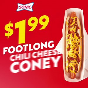 Tis the season for savings! Score Footlong Quarter Pound Chili Cheese Coneys for just $1.99!​ Tax not included. Not valid with delivery. For a limited time only at participating SONIC® Drive-Ins. TM & © 2023 America’s Drive-In Brand Properties LLC. | Sonic Drive-In