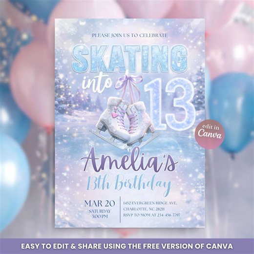 Ice Skating Birthday Invitation, Skating Into 13 Party Invite, Glitter Girl Ice Skate Birthday, Editable Canva Template, Printable Download - Etsy Canada