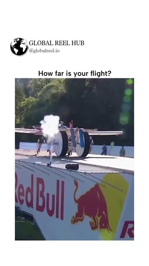 GLOBAL REEL HUB™ on Instagram: "Dm for Credit / Removal The post shares a 54-second video compilation from Red Bull Flugtag events, humorously overlaying distance meters on participants' human-powered flying machines that dramatically fail after short glides, from 566m successes to -8m crashes into water. Titled "how far is your flight?", it satirizes aviation travel by contrasting epic fails with everyday flights, resonating with viewers through slapstick absurdity and Red Bull's extreme sports