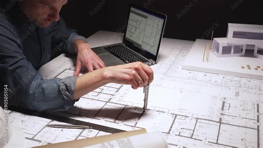 Man engineer working on construction development, drawing architectural blueprints and using a laptop with design software, surrounded by hard hats and a building model in a darkly lit studio, close