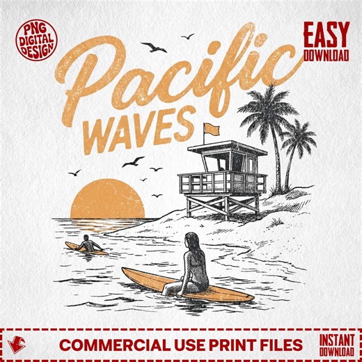 Pacific Waves Png, Retro Beach Png for Sublimation, Surfing DTF Transfer Design, Vintage Summer Print, Trendy Vacation Png, Coastal Artwork - Etsy