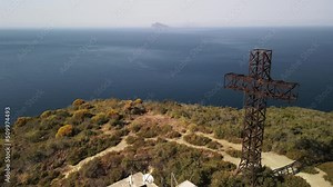 Aeolian Islands. Lipari town aerial view with drone overlooking Canneto Beach, Lipari city centre and Vulcano