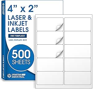 4" X 2" Printable Shipping Address Labels Compatible with Inkjet and Laser Printers - 500 Sheets, 5000 Total Matte White Paper Stickers for Mailing - Spartan Industrial Template R019