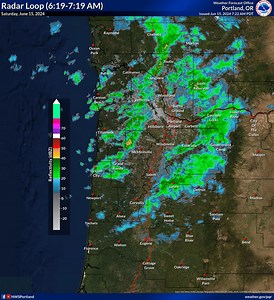 Radar imagery as of 7:19 AM PDT 6/15 depicts shower activity across northwest OR & southwest WA. 🌦️ ⛈️ There is a 15-30% chance of thunderstorms today, which can lead brief moments of heavy rain, lightning, and or small hail. When thunder roars, go indoors! #ORwx #WAwx | US National Weather Service Portland Oregon