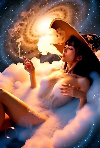A galactic witch smoking and taking a bubble bath