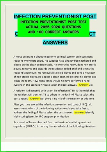 INFECTION PREVENTIONIST POST TEST ACTUAL 2025 2026 QUESTIONS AND 100 CORRECT ANSWERS video