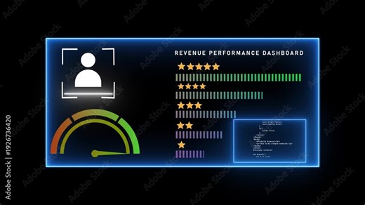 Revenue performance dashboard visualization with user star ratings, progress bars, a speedometer gauge, and code snippet on a dark digital interface