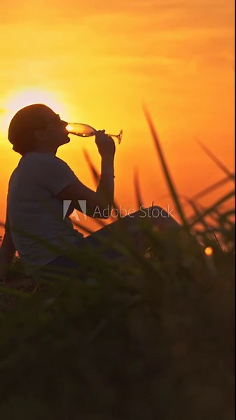 Vertical video. Side View of Woman Sitting on Grass Slowly Sipping Champagne with Sun Directly Behind Glass during Vivid Orange Sunset, Leisure Concept