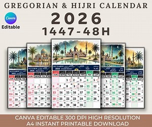 2026 Islamic Hijri Calendar Printable | Canva Editable Template 1447-1448 | Muslim Planner Digital Download | High Resolution PDF - Etsy