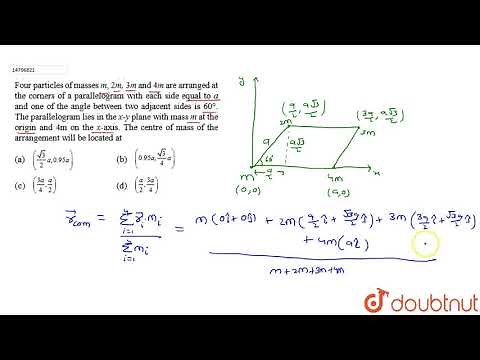 Four particles of masses m, 2m, 3m and 4m are arranged at the corners of a parallelogram with