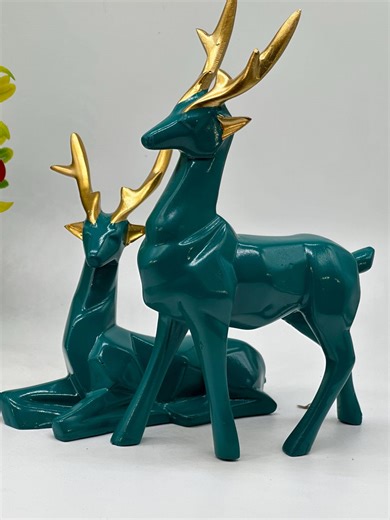 Dark Turquoise Color Deer Couple Figurines With Gold Antlers | Luxury Reindeer Pair Home Decor - Etsy