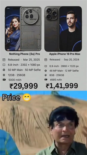 Nothing Phone (3a) Pro vs iPhone 16 Pro Max ⚡ | Budget Beast vs Premium King! 👑 📄 Description: A huge showdown between the ₹29,999 Nothing Phone (3a) Pro and the ₹1,41,999 iPhone 16 Pro Max! 😱📸 Can the budget-friendly Nothing Phone 3a Pro really compete with Apple’s latest flagship? Let’s compare their camera, display, battery, and performance head-to-head! ⚔️ ⚙️ Key Specs: 🔹 Nothing Phone (3a) Pro – 6.8" FHD , 50MP Main 50MP Selfie, 12GB RAM, 5000mAh 🔋 ₹29,999 🔹 iPhone 16 Pro Max – 6.9" 