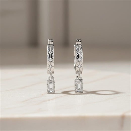 Silver Huggie Drop Earrings | CZ Rectangle Drop Hoop Earrings | Minimalist Sterling Silver Jewelry - Etsy