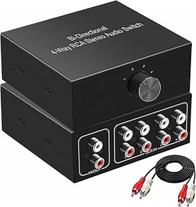 UNSTINCER Cinch RCA L/R Audio Switch 4(1)-In-1(4)-Out, Analog Passiv Stereo Aux Umschalter für Phono Kopfhörer Amplifier PC Lautsprecher, Bidirektional Manuell Sound Selector Schalter Splitter Box