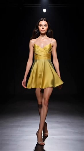 Golden Satin Mini Dress ✨ | Chic Runway Fashion Walk | Glamorous Evening Style