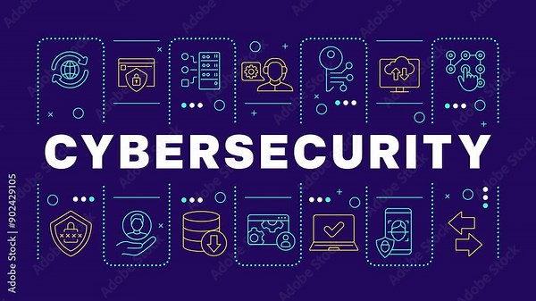 Cybersecurity word banner animation. Computer security, network protection. Customer service. Dynamic headline with outline icons on dark blue background. HD video with alpha channel. Motion graphic