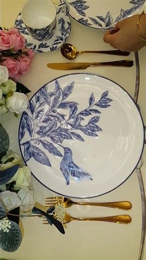 Elegant Blue Leaf Bone China Dinnerware Set