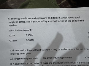 The diagram shows a wheelbarrow and its load, which have a tota... | Filo