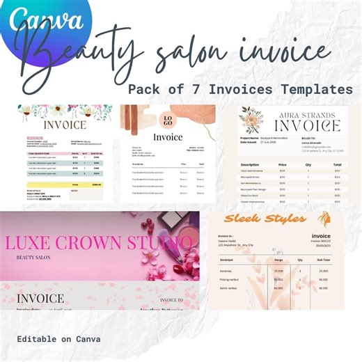 Beauty Salon Invoice Templates Bundle (7 Pack) Editable Canva Invoice | Printable | Small Business | Instant Download - Etsy