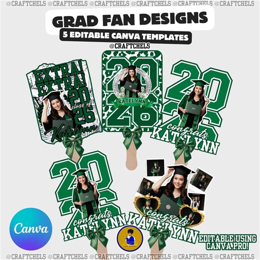 Green Grad Fan Template | Graduation Fans Canva Template – Set of 5 | Editable Grad Fan Templates | Custom Graduation Paddle Fan - Etsy