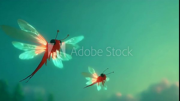 3D animated cartoon firefly family flying together in sync glowing brightly in mint green sky with looped lighting effects