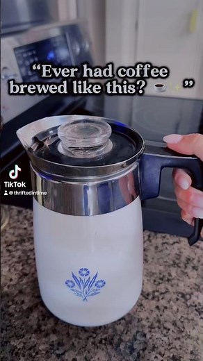 “Brewing coffee the vintage way this Corning Ware Cornflower Blue percolator.