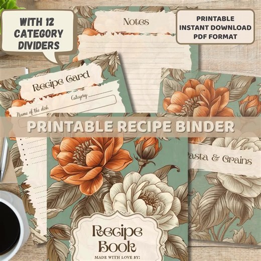 Recipe Binder Book Dividers & Cover Printable 17 Pages: Orange Floral Kitchen Cookbook Family Heirloom PDF